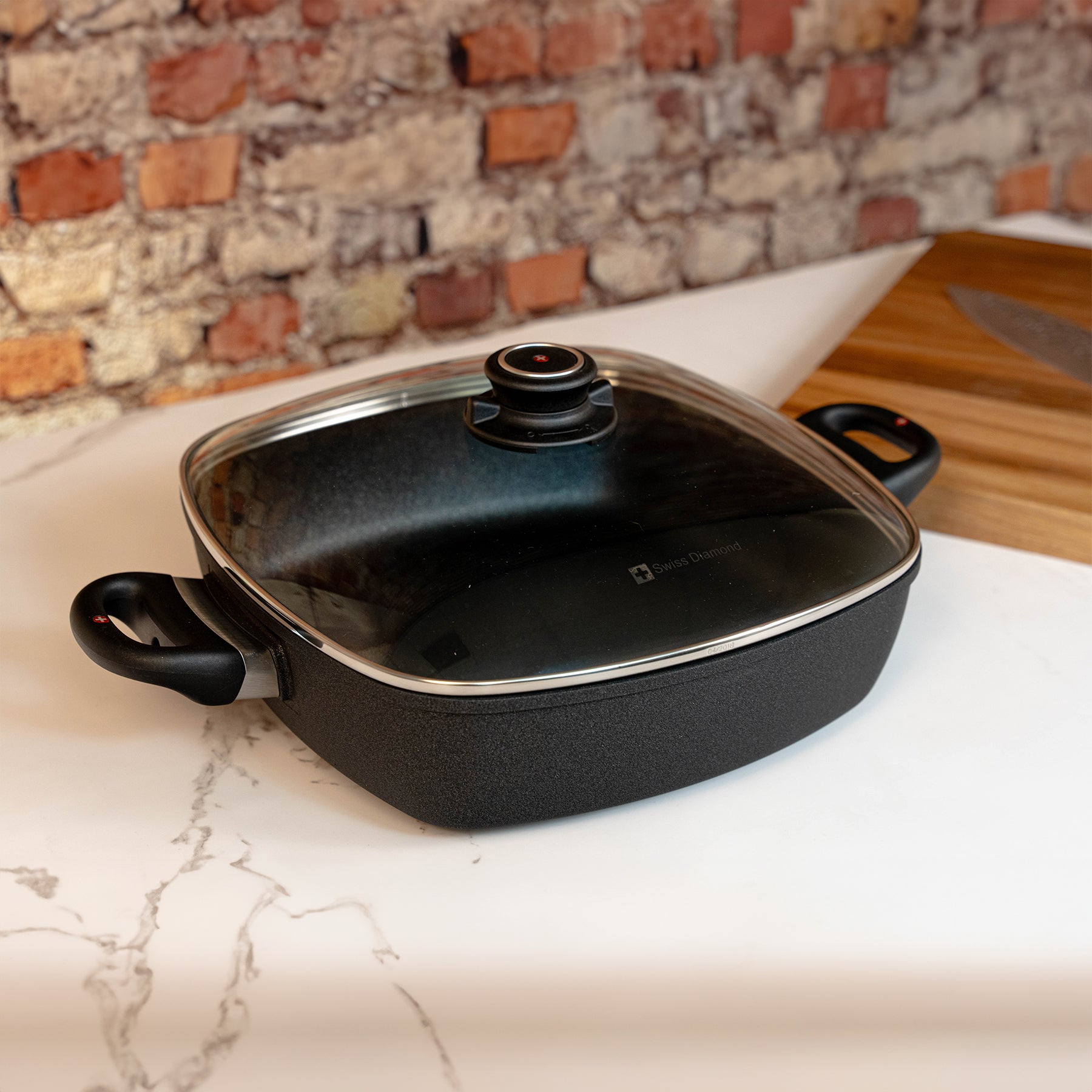 XD Nonstick 5 qt Square Casserole with Glass Lid - Induction in use on kitchen counter
