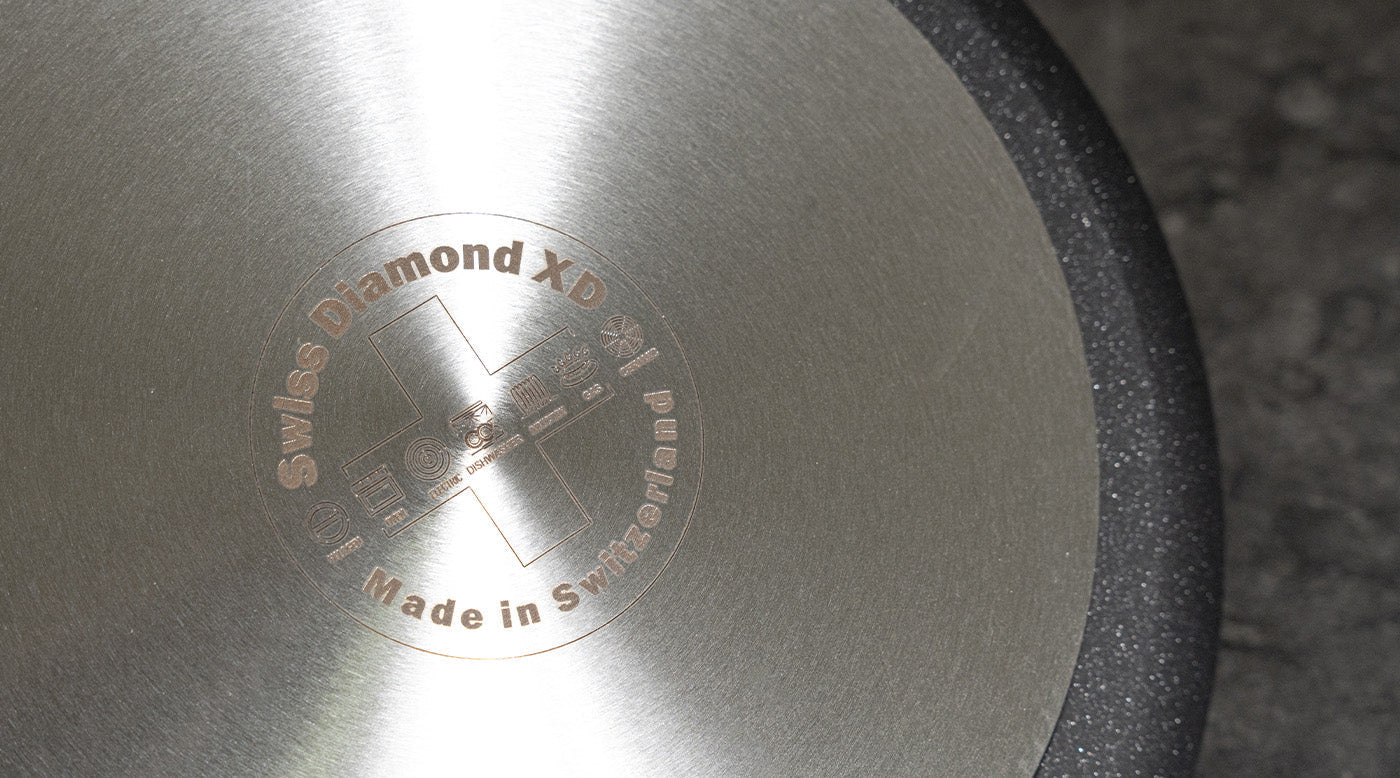 bottom of induction nonstick fry pan with swiss diamond branding