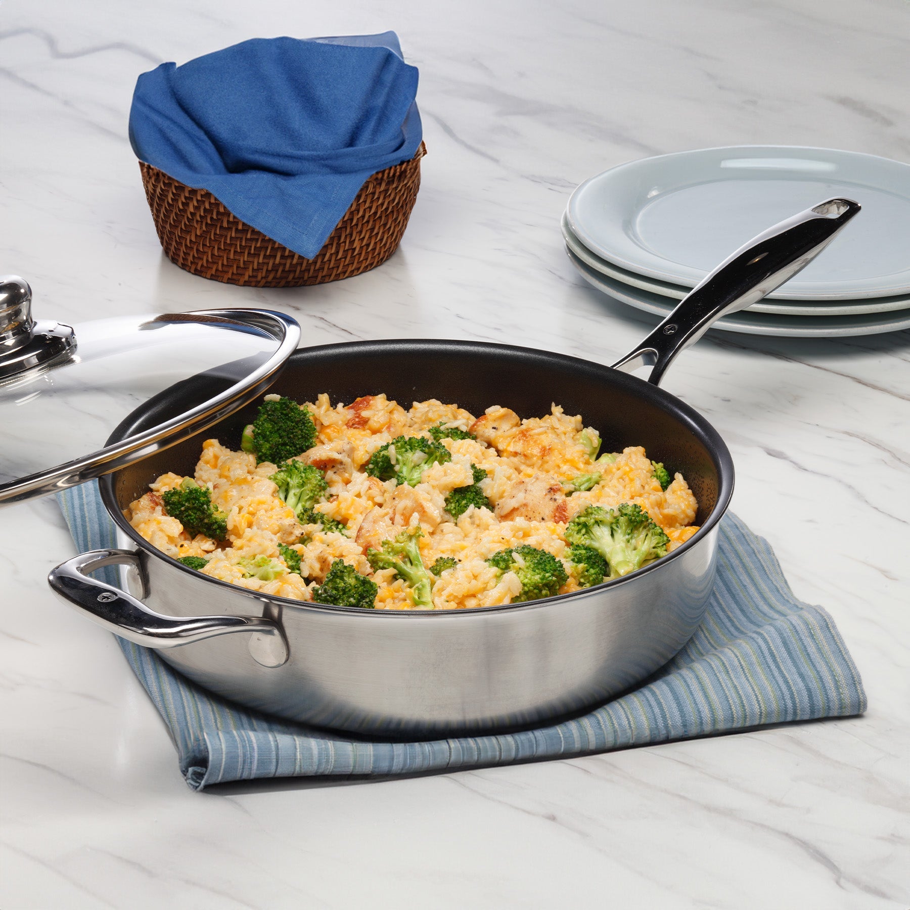 Nonstick Clad Saute Pan with Glass Lid - Induction in use on kitchen counter