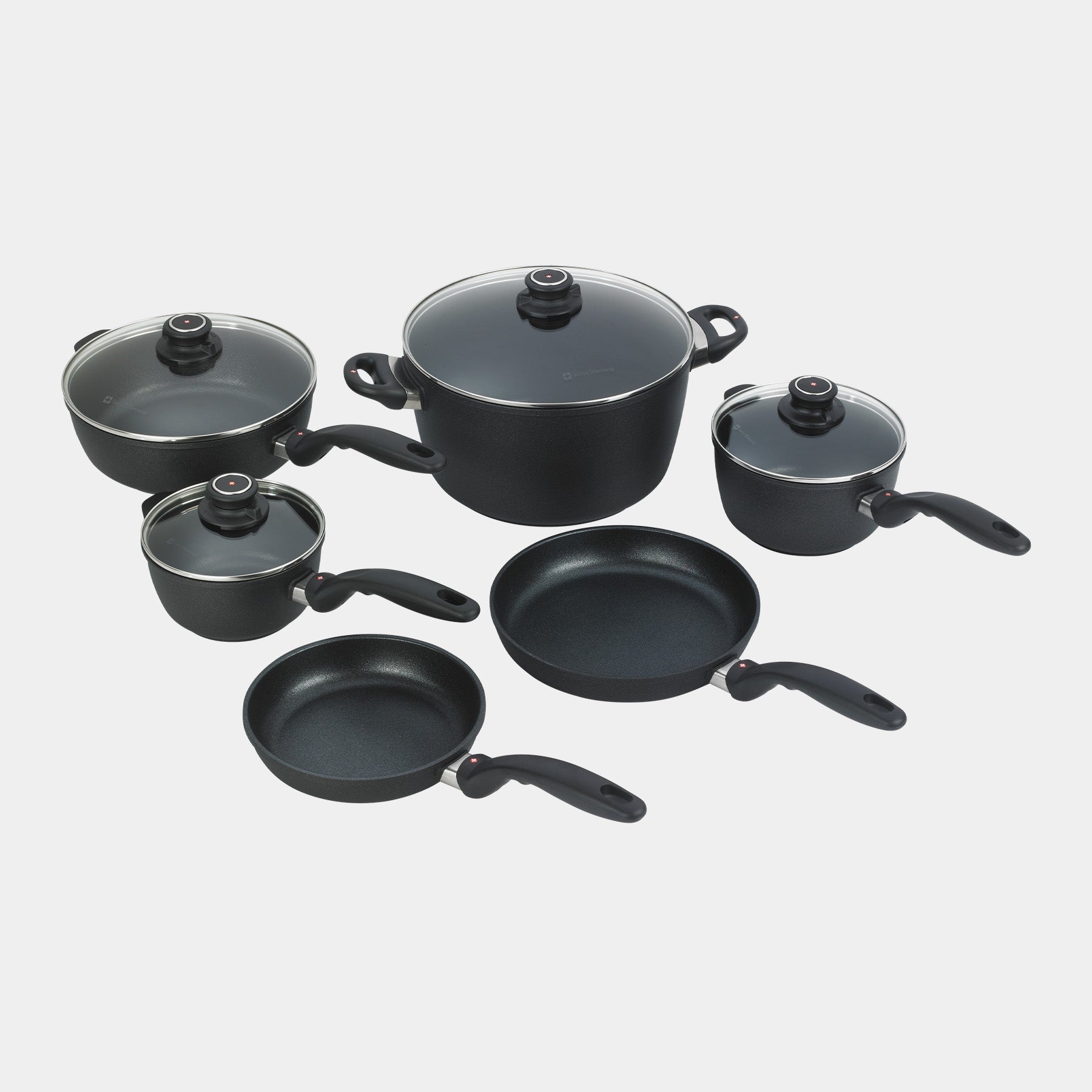 XD Nonstick 10-Piece Set includes: 20 cm Fry Pan + 24 cm Fry Pan with Lid + 3 L Saute Pan + 1.3 L Saucepan with Lid + 2.1 L Saucepan with Lid + 8 L Stock Pot with Lid