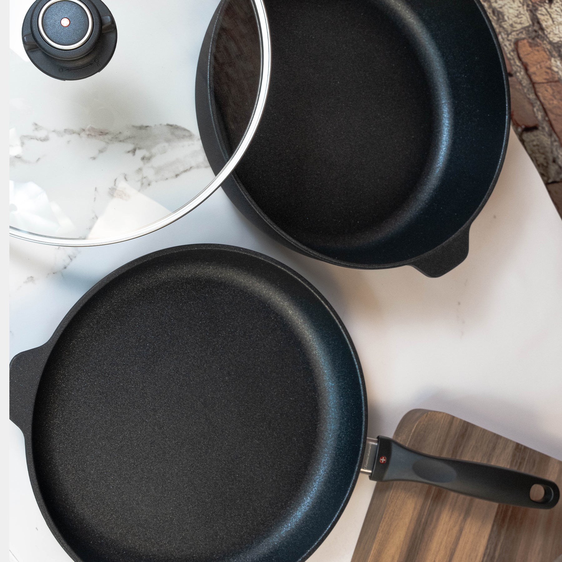 XD Nonstick 3-Piece Set - Fry Pan & Saute Pan on kitchen counter top view